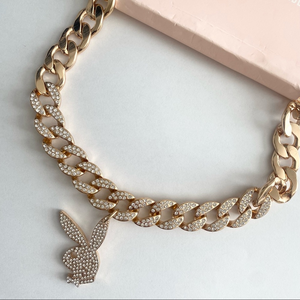PLAYBOY x Missguided Diamante Thick Chain Necklace Gold NWT